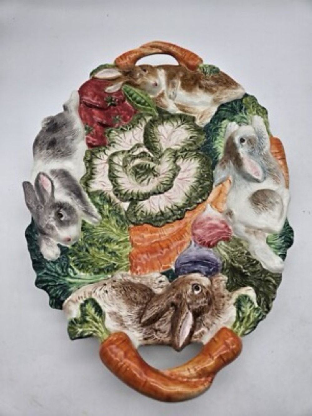 Fitz & Floyd Oval Serving Platter ENGLISH GARDEN BUNNIES w Carrot Handles 17½"